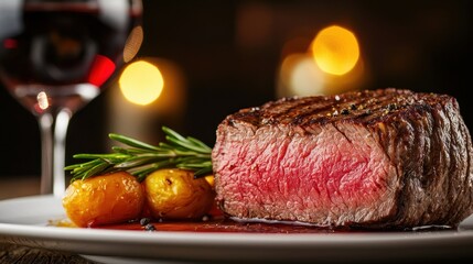 A beautifully plated steak with a pink center, garnished with rosemary and accompanied by golden potatoes, paired with a glass of red wine.