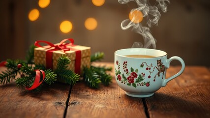 Fototapeta premium Warm Festive Beverage with Gift and Evergreen Branches on Rustic Wood