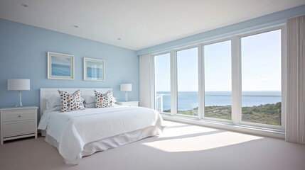 Fototapeta premium Bright and Airy Modern Bedroom with Ocean View, Featuring Light Blue Walls, Stylish Decor, Large Windows, and a Serene Atmosphere for Relaxation and Comfort
