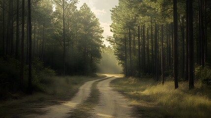 Naklejka premium Serene Forest Path Winding Through Tall Trees