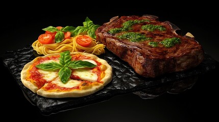 Grilled steak, pizza, pasta dinner. Delicious Italian meal. Food photography for menus
