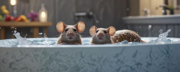 A tiny mouse is making waves in a bathtub filled with cool water, playing in the ripples and splashes, fun bath time, splashy water
