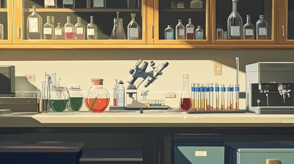 A clean chemistry lab station with test tubes, pipettes, and safety goggles