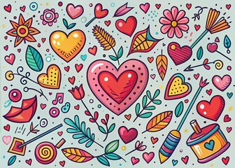 Fototapeta premium Cute Valentine's Day Doodle Hearts & Arrows - Romantic Stock Photo