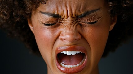 Frustration and Anger: Close-up portrait of a young woman with dark curly hair, her face contorted in a powerful expression of anger and frustration. Her eyes are squeezed shut.