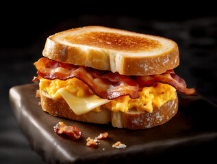 sandwich with scrambled eggs, cheese, and bacon