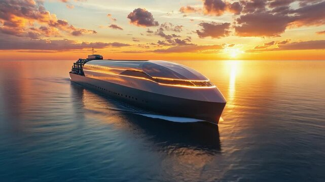 Autonomous cargo ship sailing on calm sea at sunset