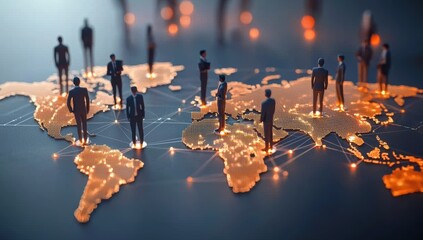 A network of business people standing on a map, connected by glowing connections that symbolize global communication and collaboration in marketing.