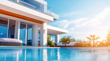Obraz premium A serene poolside scene featuring a cozy couch and spacious deck, enhancing the outdoor living experience in front of a modern house.