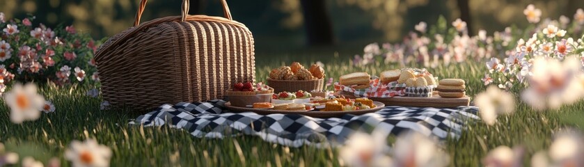 A Vibrant Picnic Spread in a Sunny Meadow with Delicious Food and Refreshing Drinks.