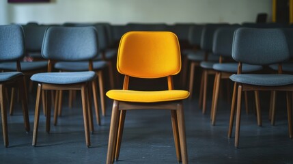 a row of chairs with a yellow seat