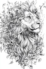 Obraz premium This artwork features a detailed drawing of a lion's head adorned with flowing hair and intricate vines, expressing majesty and power in its design