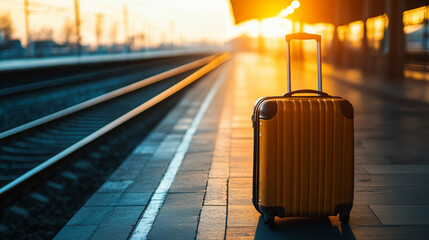 Suitcases on an Empty Train Platform at Sunrise, Capturing the Atmosphere of Travel, Solitude, and Anticipation, Perfect for Journey, Adventure, and Lifestyle-Themed Photography