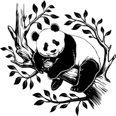 Hand-Drawn Black and White Panda Illustration on Tree | Vector Art