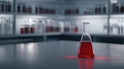 A flask containing a vibrant red liquid rests on a wooden table, showcasing the contrast between the glass and the rich hue of the substance within.