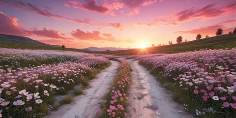 A stunning pink sunset over a field of white flowers with a winding road, field, horizon, landscape
