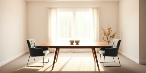 Modern dining room with sunlight streaming through sheer curtains, showcasing a wooden table and two upholstered chairs