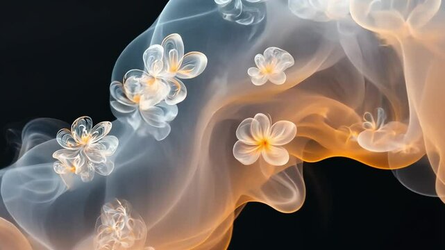 White flowers emerging from orange and blue smoke on black background