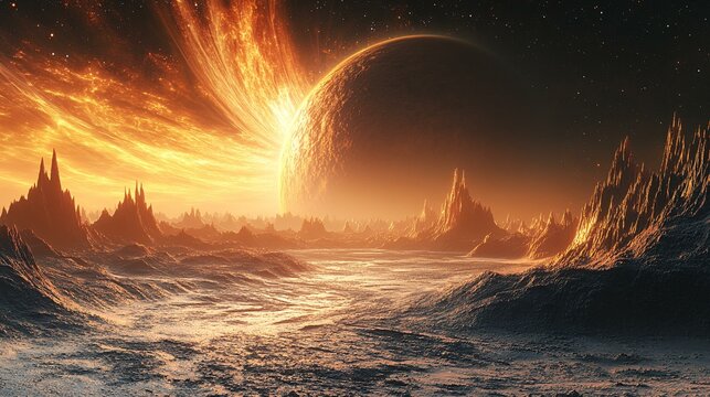 Pulsating 3D energy lines creating a mesmerizing cosmic grid above a futuristic alien planet