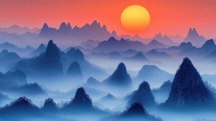 Obraz premium Majestic Sunset over Misty Mountain Range: A Serene Landscape Panorama