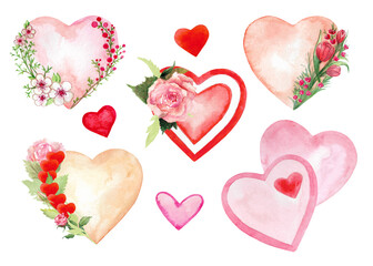 Watercolor painted hearts set. Collection of pink and red hearts with flowers isolated on white background. Romantic design element for wedding invitation, valentine, postcard, greeting.