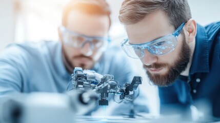 Two men wearing safety glasses are focused on operating a complex machine in an industrial setting, emphasizing safety and teamwork in their work environment.