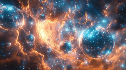 Vast field of shimmering energy orbs suspended in a luminescent cosmic landscape