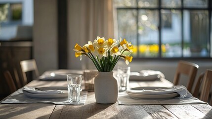 A clean dining table with fresh linen placemats and a vase of daffodils