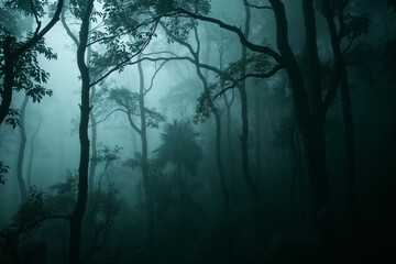 Obraz premium Misty forest with tall trees in a moody atmosphere