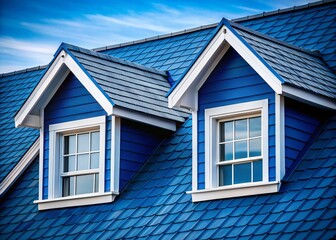 Dark Blue Roof with White Dormer Windows - Macro Architectural Detail Stock Photo