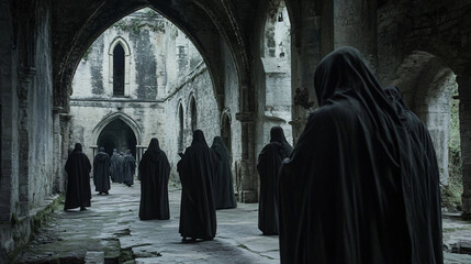 Naklejka premium A ruined abbey where shadowy monks with hollow eyes seem to pray in silence, their presence heavy with sorrow.