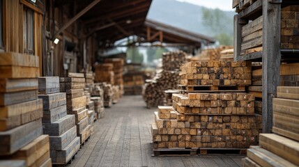 Wood Timber Storage Area with Stacks of Freshly Cut Lumber and Planks in a Rustic Warehouse Surrounded by Nature in a Scenic Mountain Landscape