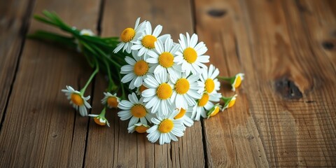 Fototapeta premium A charming bouquet of fresh daisies rests on a rustic wooden surface