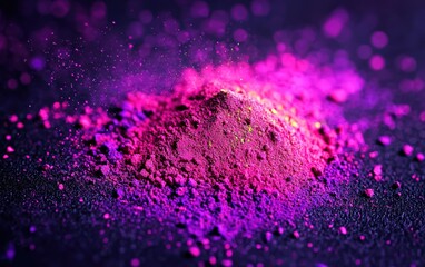 A dramatic close-up of vibrant Holi powder particles in mid-air, glowing softly under natural light on a dark backdrop