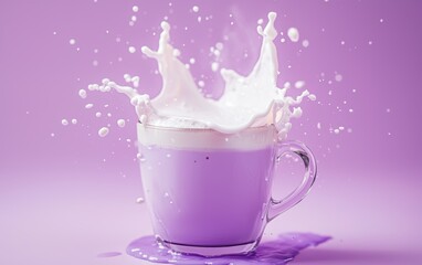 A creamy lavender latte with a purple hue and milk splashes mid-air, on a pastel lilac backdrop