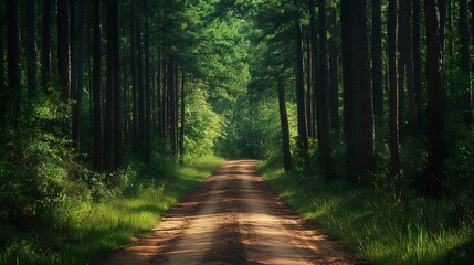 Fototapeta premium Sunlit Path Through Tall Pine Trees Forest