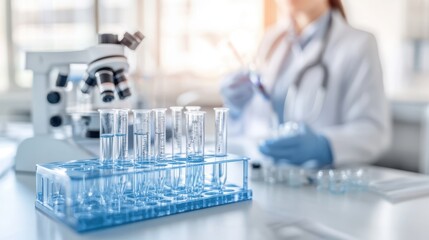 Fototapeta premium A focused woman in a lab coat and gloves examines samples through a microscope, showcasing her dedication to scientific research and analysis.
