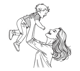 Happy mom with her little son in continuous line art drawing style.Mother holding her male child up in the air. Black linear sketch isolated on white background