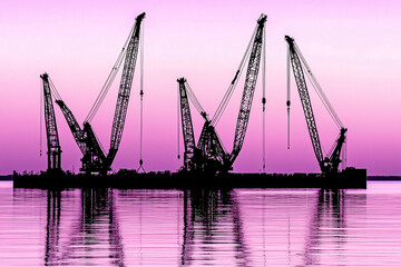 Fototapeta premium subsea pipeline installation vessel at dusk, cranes silhouetted against purple sky