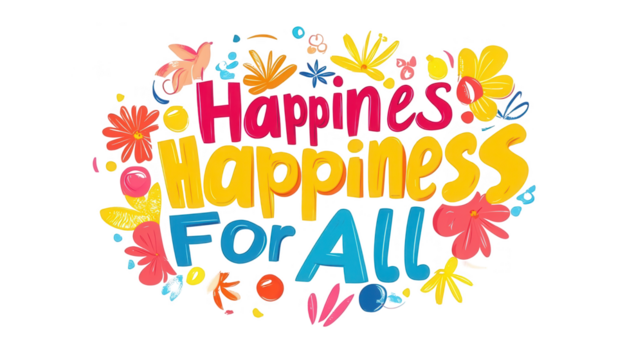 World Happiness Day-themed vector design of "Happiness For All!" in colorful letters decorated with stars, flowers, and a blue balloon, isolated on white, PNG file