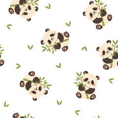 Seamless vector pattern in a simple childish style. Cute panda holding bamboo branch on white background. Vector illustration