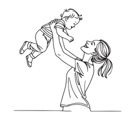 Happy mom with her little son in continuous line art drawing style.Mother holding her male child up in the air. Black linear sketch isolated on white background