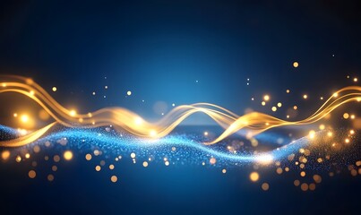 Abstract background with flowing golden lines and soft glowing particles on a deep navy-blue gradient, exuding elegance and modernity, Generative Ai
