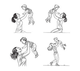 Happy mom with her little son in continuous line art drawing style.Mother holding her male child up in the air. Black linear sketch isolated on white background