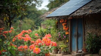 Rustic Cottage Surrounded by Vibrant Flowers and Solar Panel, Promoting Sustainable Living in a Peaceful Rural Setting