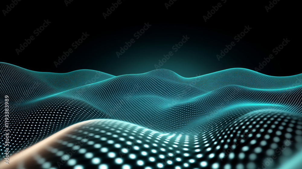 Poster high tech visualization of floating particles creating dynamic wave effect. digital landscape featur