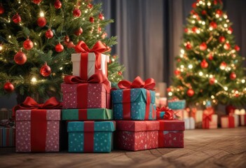 A stack of colorful present boxes with big red bows under a Christmas tree at dusk , christmas decorations, gift boxes