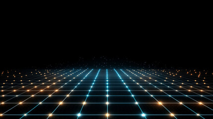 Obraz premium high tech visualization of floating particles on grid, creating futuristic atmosphere. glowing blue and orange lights enhance digital aesthetic, evoking sense of depth and motion