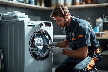 Technician installing a modern washing machine in a laundry room
