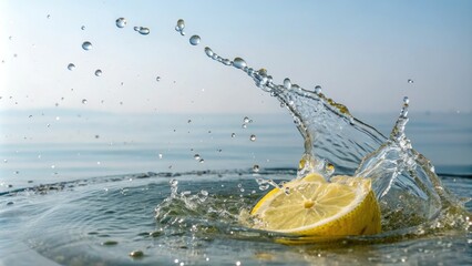 A squeeze of lemon juice over a still body of water creates a miniature wave highlighting the contrast between the bright and calm, bright, calm, surface tension, liquid movement